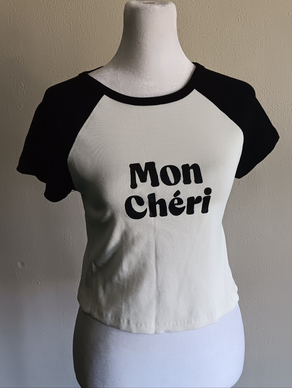 Mon Chéri Textured Cropped Baby Tee In Black & White, Primark Size Womens Small - Picture 1 of 8